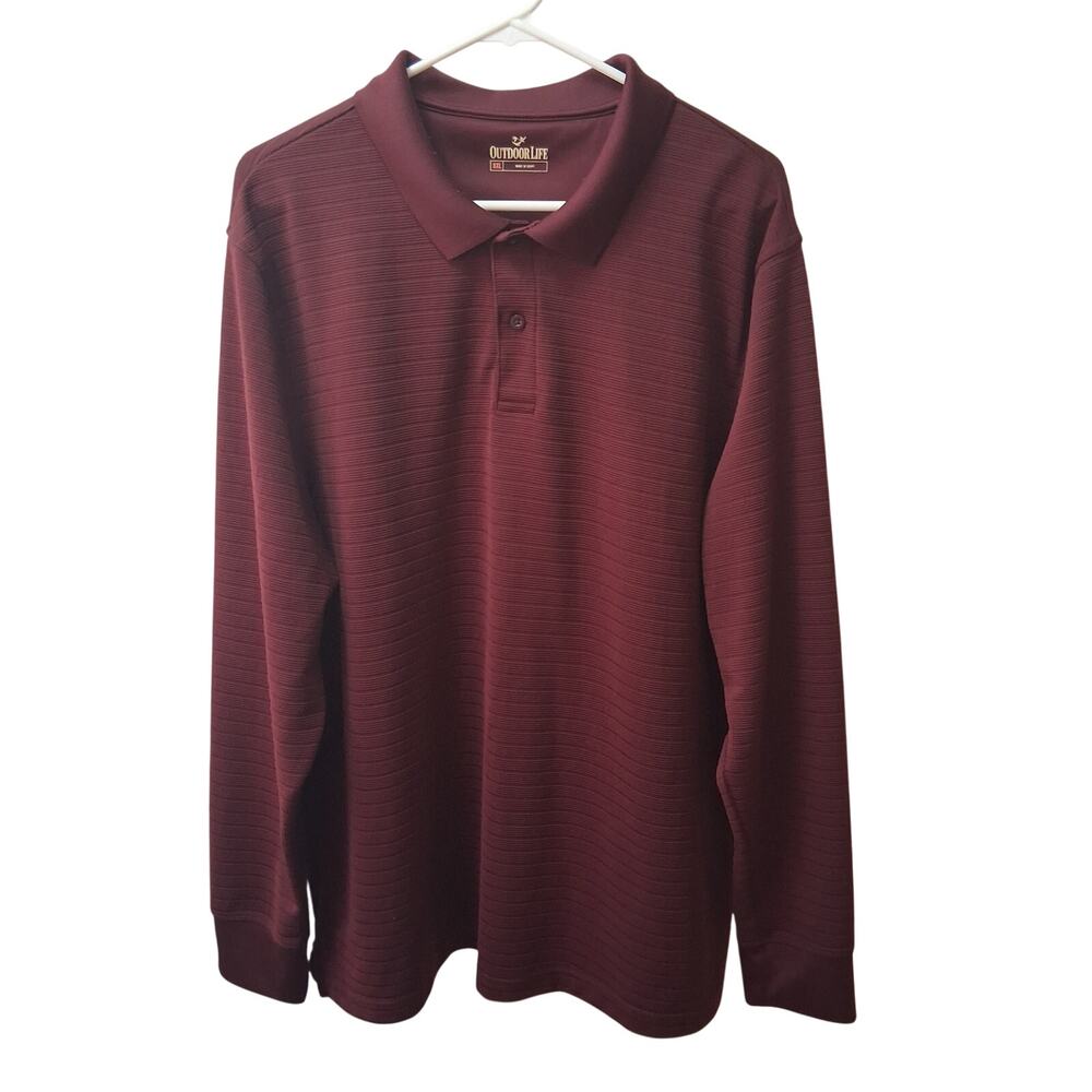Outdoor Life Men's Long Sleeves Polo Shirt Subtle Striped Texture Burgandy-XXL